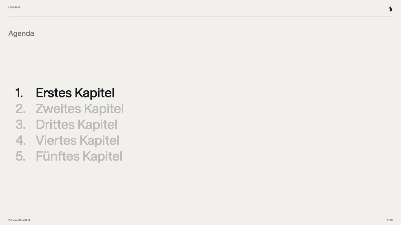 Agendafolie mit fünf nummerierten Kapiteln, das erste hervorgehoben