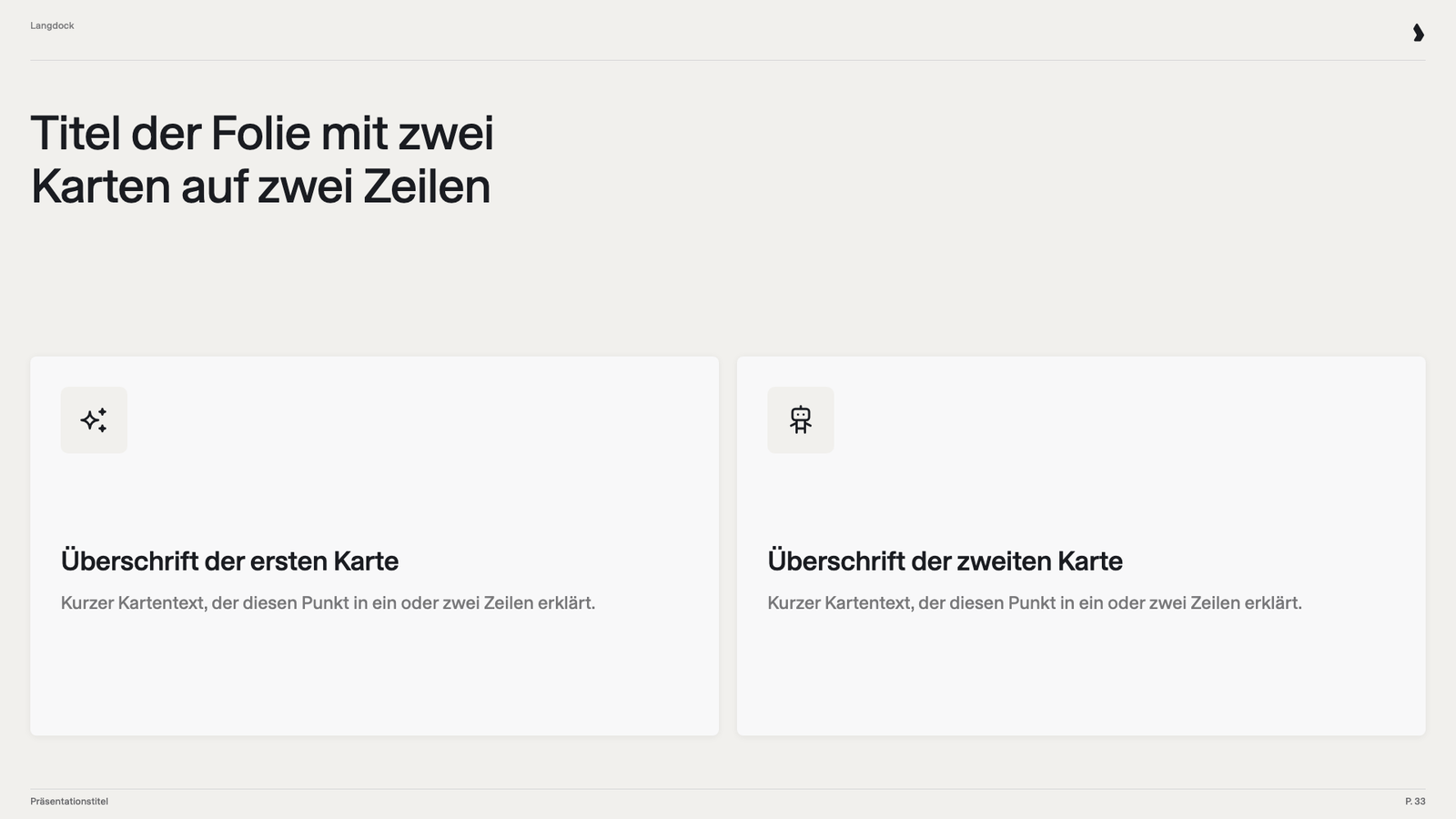 Folie mit zwei Karten, jeweils mit Icon, Überschrift und kurzem Text