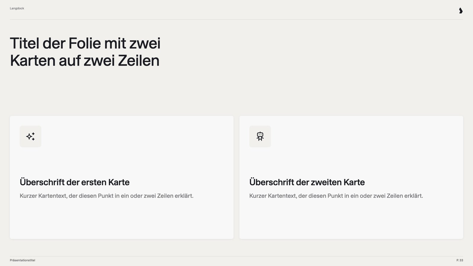 Folie mit zwei Karten, jeweils mit Icon, Überschrift und kurzem Text