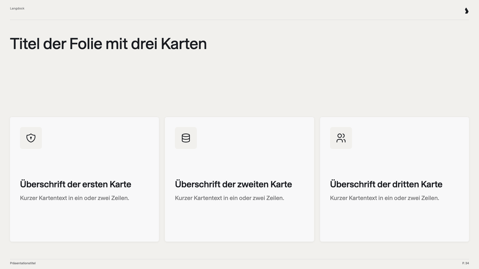 Folie mit drei Karten, jeweils mit Icon, Überschrift und kurzem Text