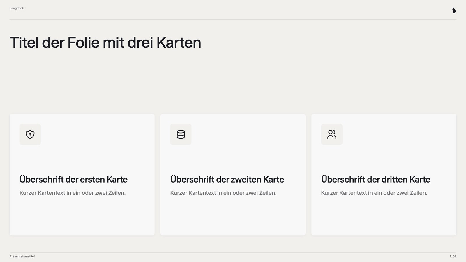Folie mit drei Karten, jeweils mit Icon, Überschrift und kurzem Text
