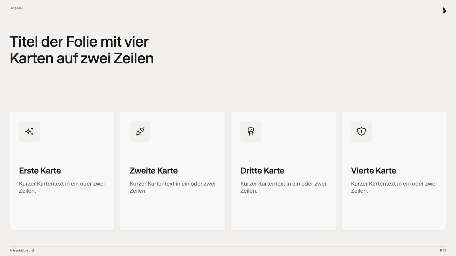 Folie mit vier Karten, jeweils mit Icon, Überschrift und kurzem Text