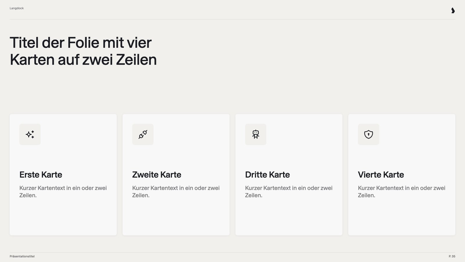 Folie mit vier Karten, jeweils mit Icon, Überschrift und kurzem Text