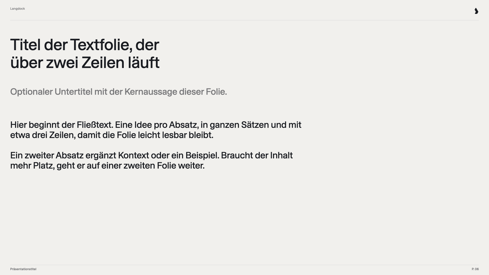 Textfolie mit zweizeiligem Titel, grauem Untertitel und zwei kurzen Absätzen