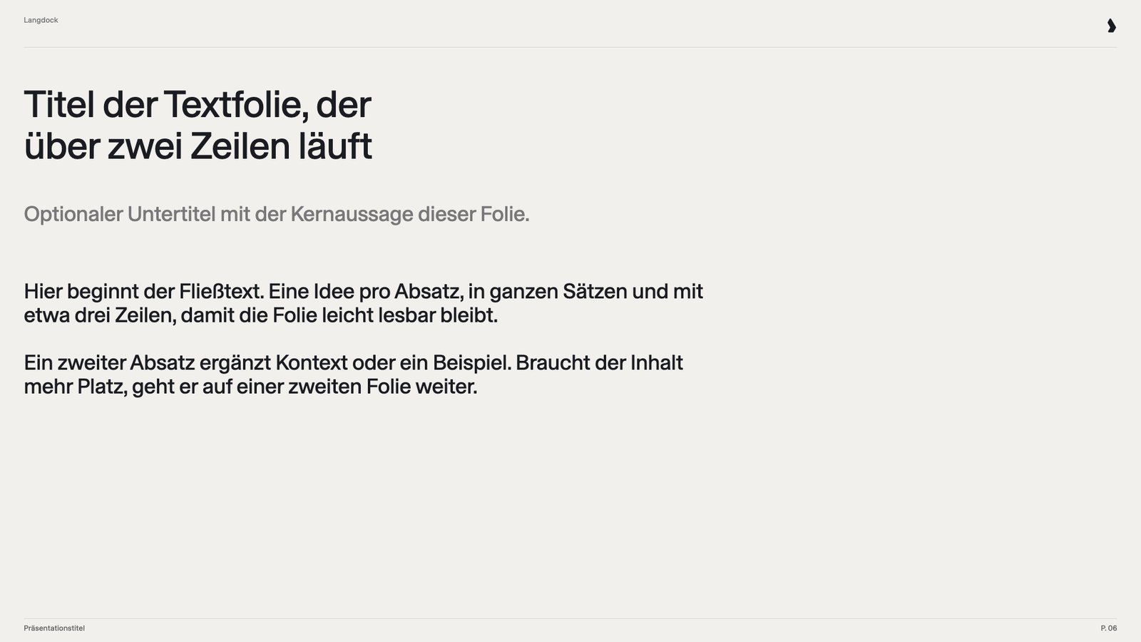 Textfolie mit zweizeiligem Titel, grauem Untertitel und zwei kurzen Absätzen