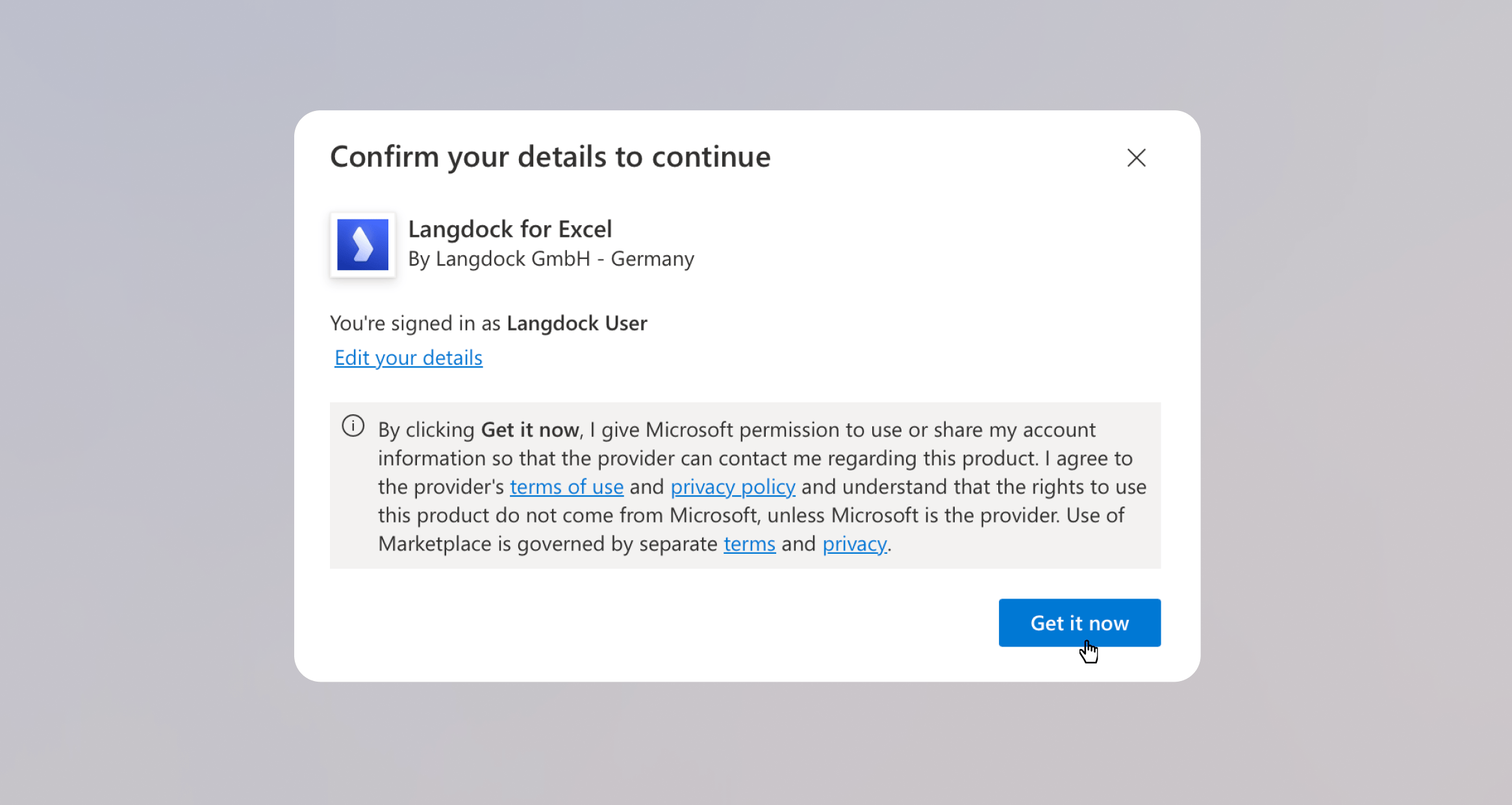 Confirm your details dialog for Langdock for Excel with the Get it now button