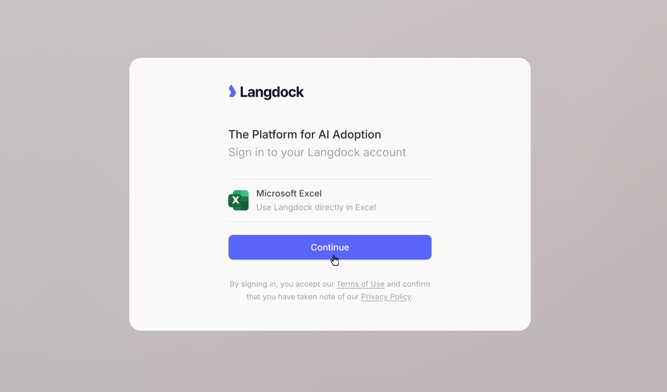 Langdock sign-in screen for Microsoft Excel with the Continue button
