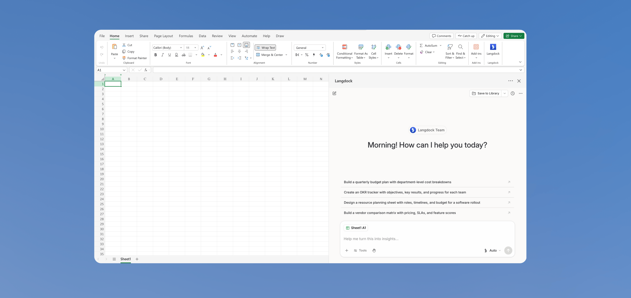 Excel workbook with the Langdock Add-in open next to an empty spreadsheet