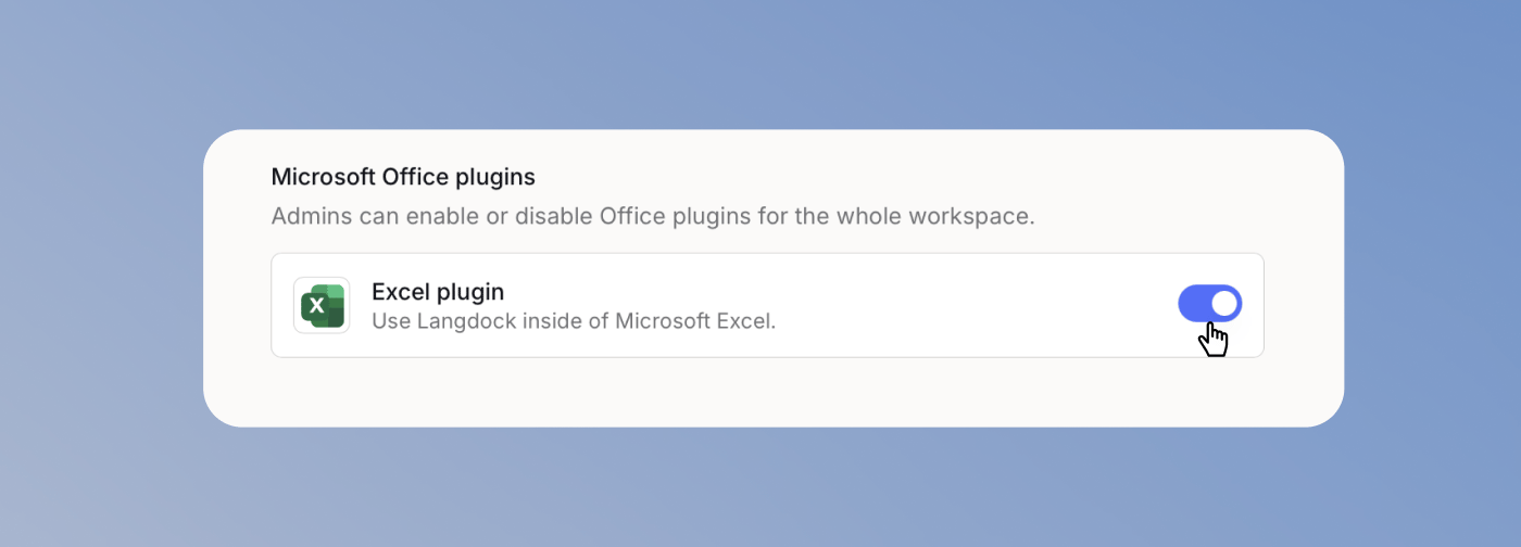 Langdock integration settings showing the Excel plugin toggle enabled