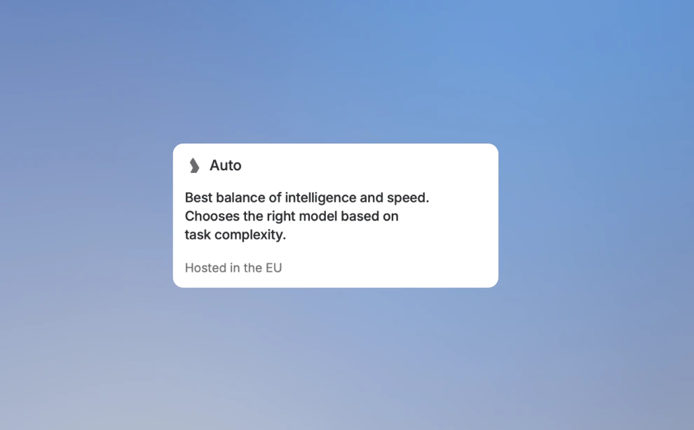 Auto mode model card in the model selector showing best balance of intelligence and speed