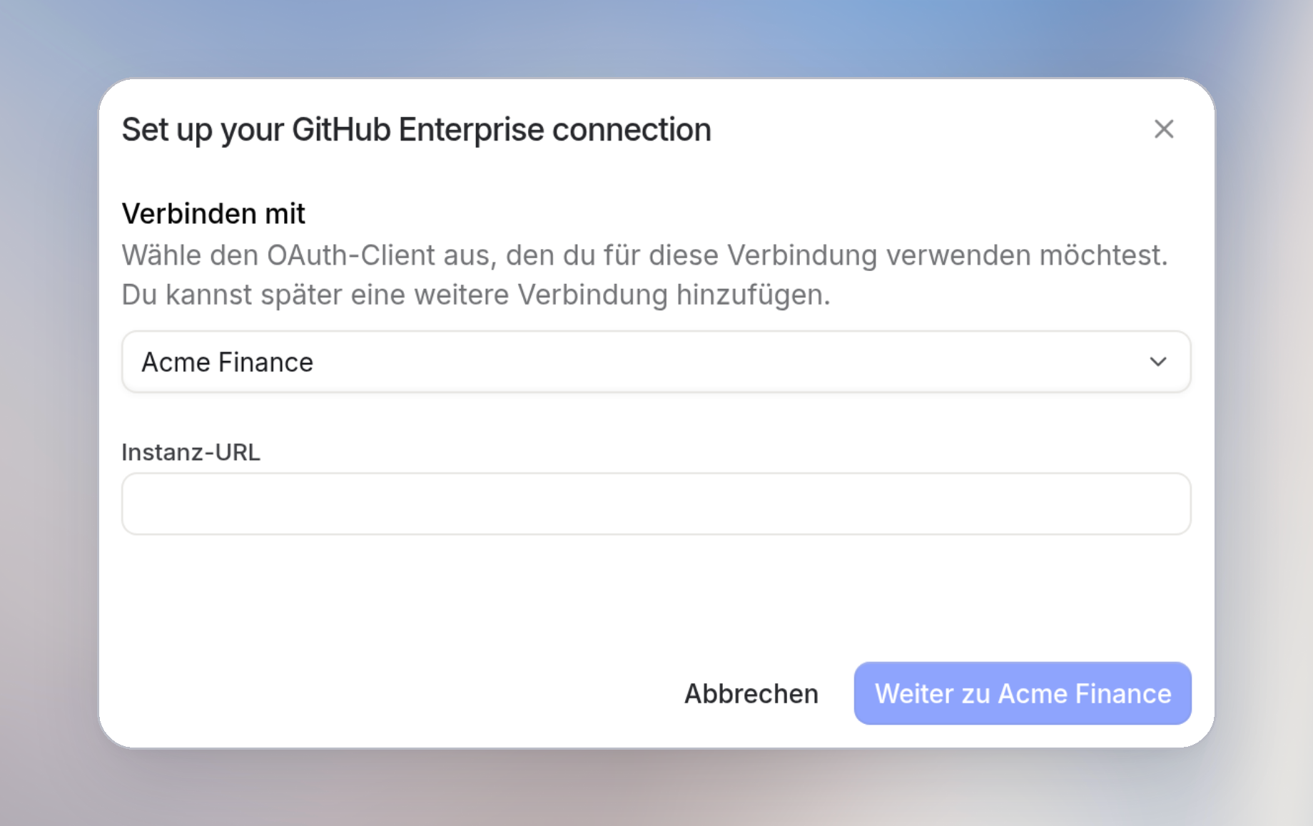 Verbindungsdialog mit Verbinden mit auf Acme Finance, leerer Deployment URL und Weiter zu Acme Finance