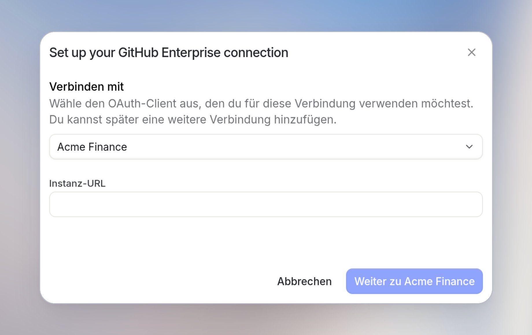 Verbindungsdialog mit Verbinden mit auf Acme Finance, leerer Deployment URL und Weiter zu Acme Finance