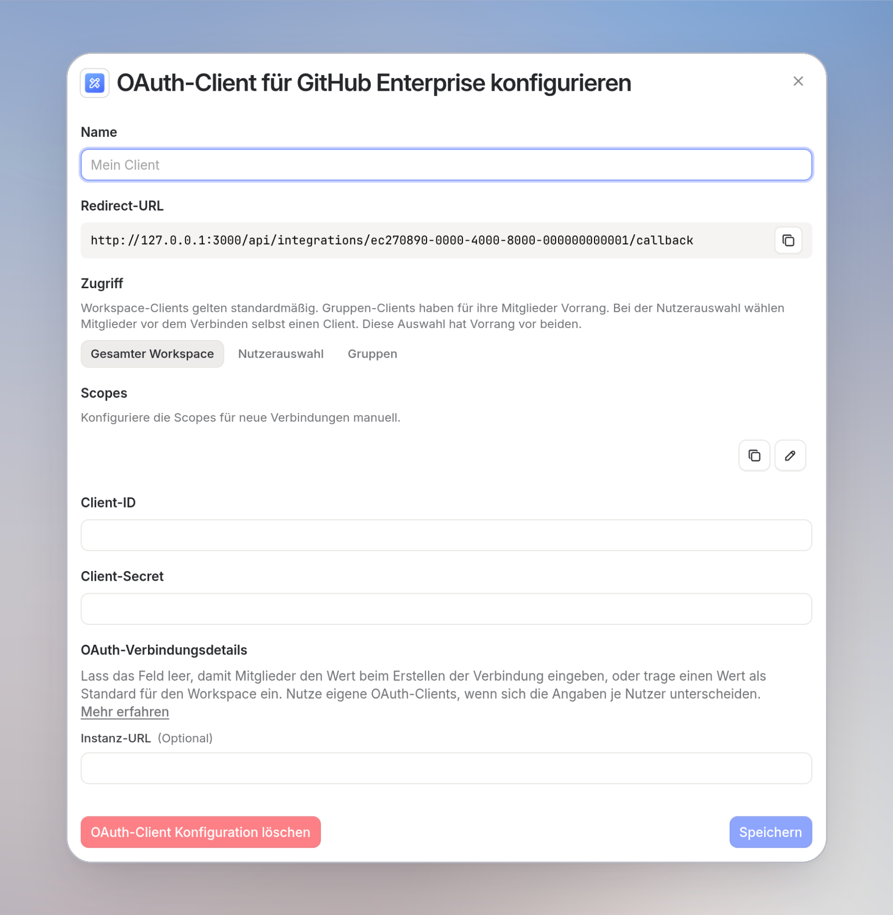 OAuth-Client-Dialog, bei dem Zugriff auf Gesamter Workspace steht, daneben Nutzerauswahl und Gruppen
