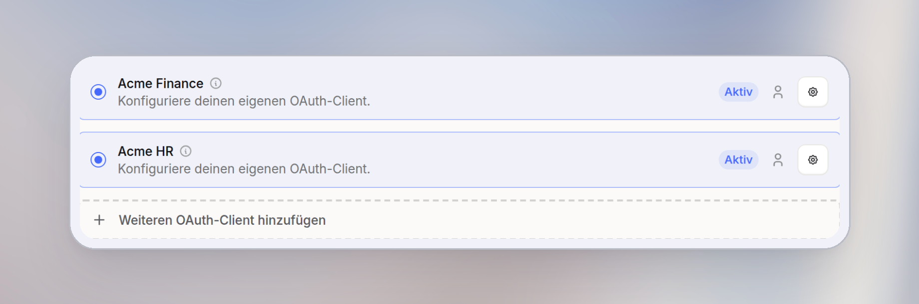 Aktive OAuth-Clients Acme Finance und Acme HR, jeweils mit dem Icon für Nutzerauswahl