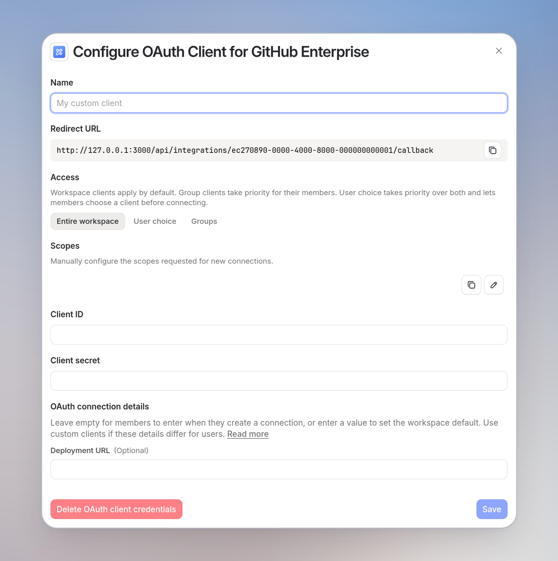 OAuth client dialog with Access set to Entire workspace, and User choice and Groups beside it