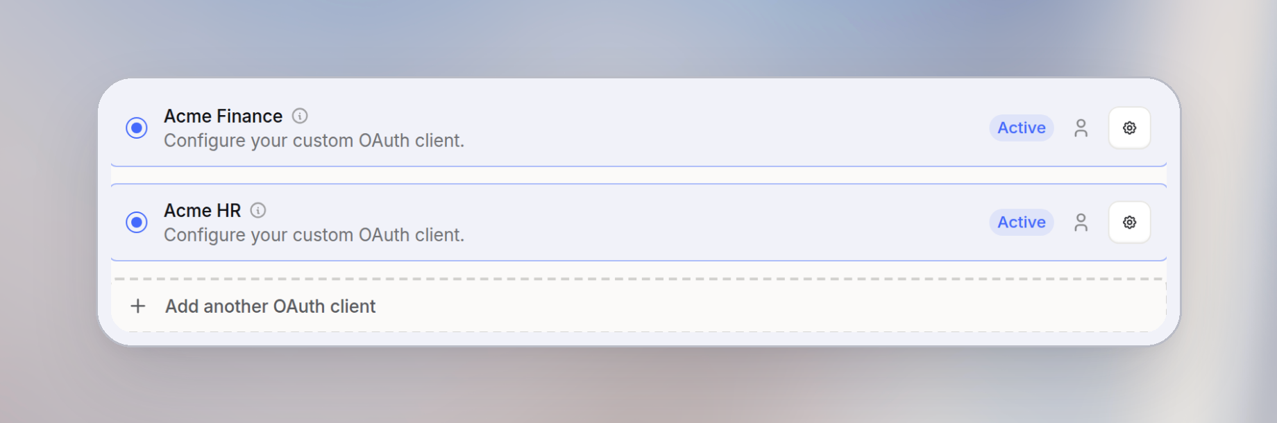 Active OAuth clients Acme Finance and Acme HR, each with the User choice icon