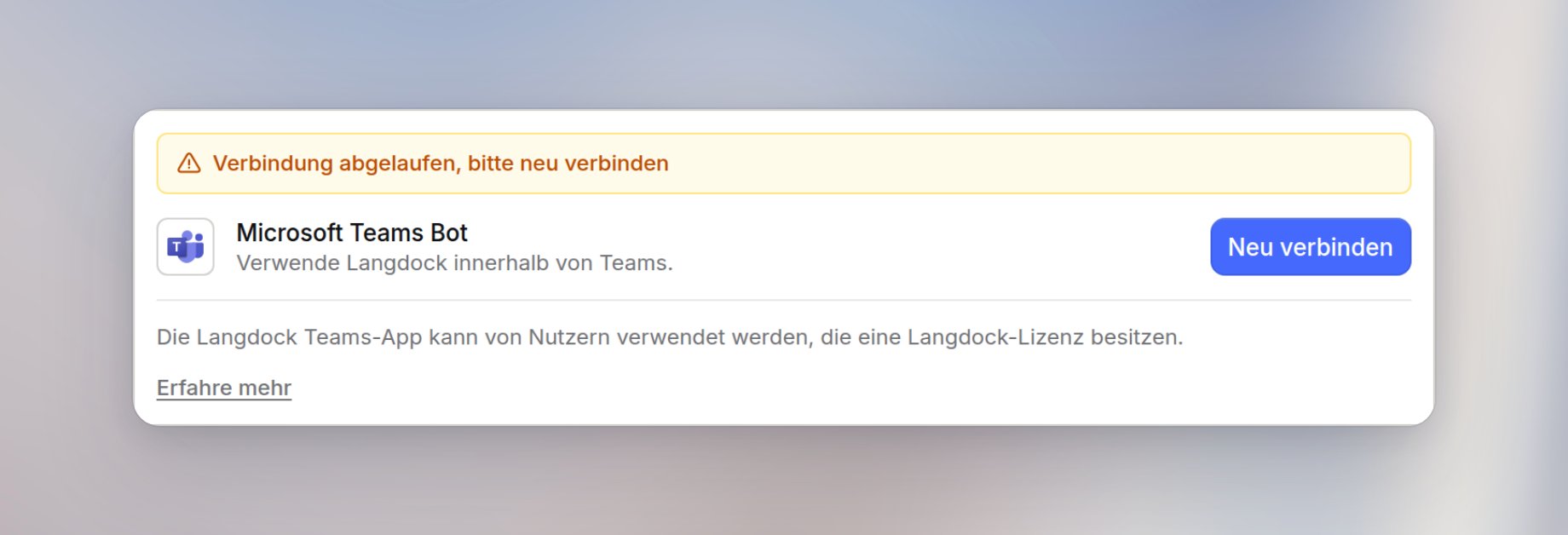 Karte Microsoft Teams Bot unter Add-ins mit dem Hinweis Verbindung abgelaufen und dem Button Neu verbinden