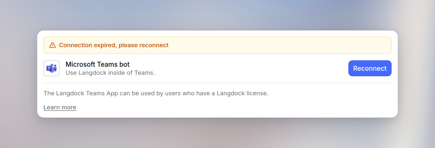Microsoft Teams bot card on Add-ins with the connection expired warning and Reconnect button