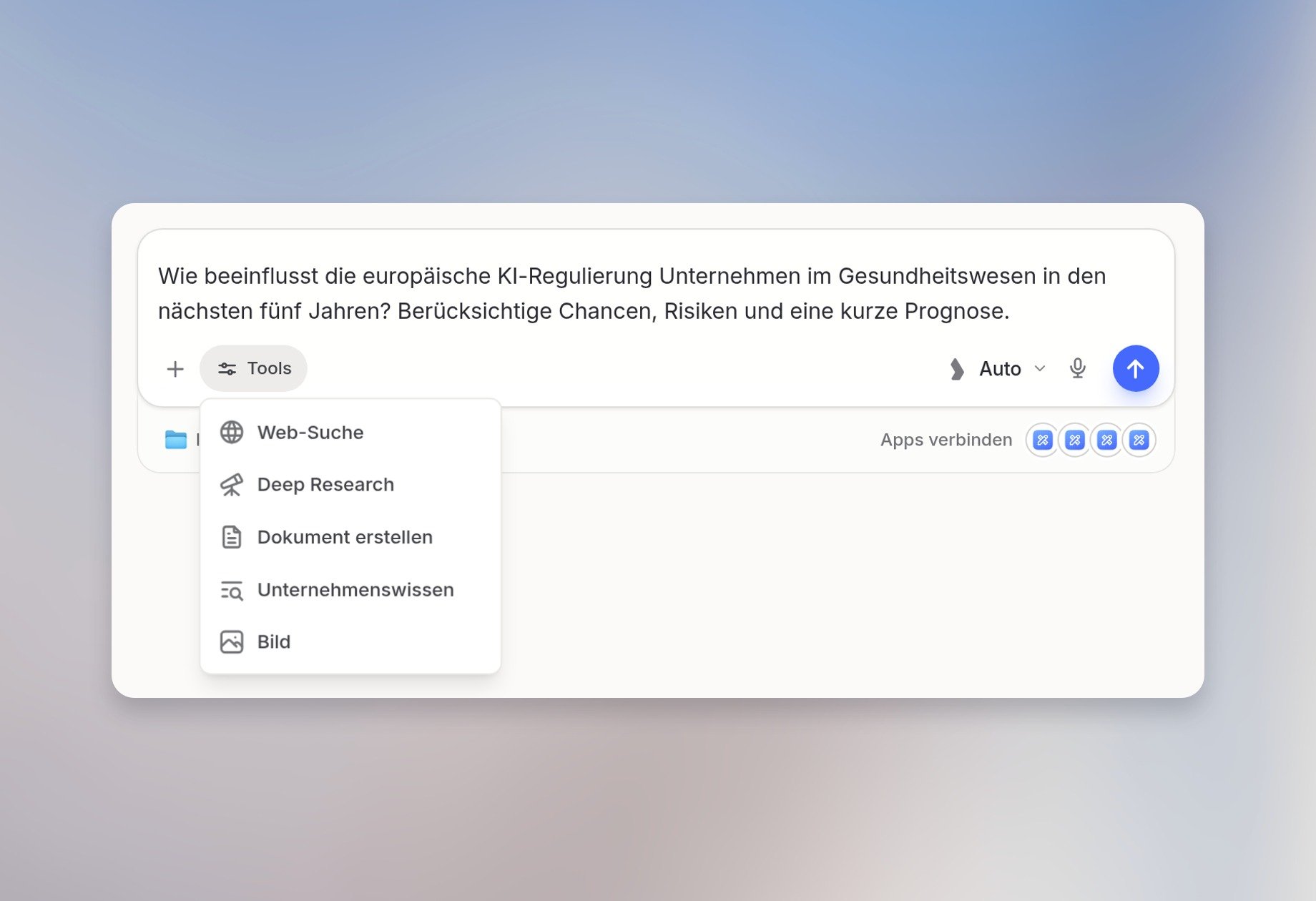 Tools-Menü mit verfügbarer Option Deep Research