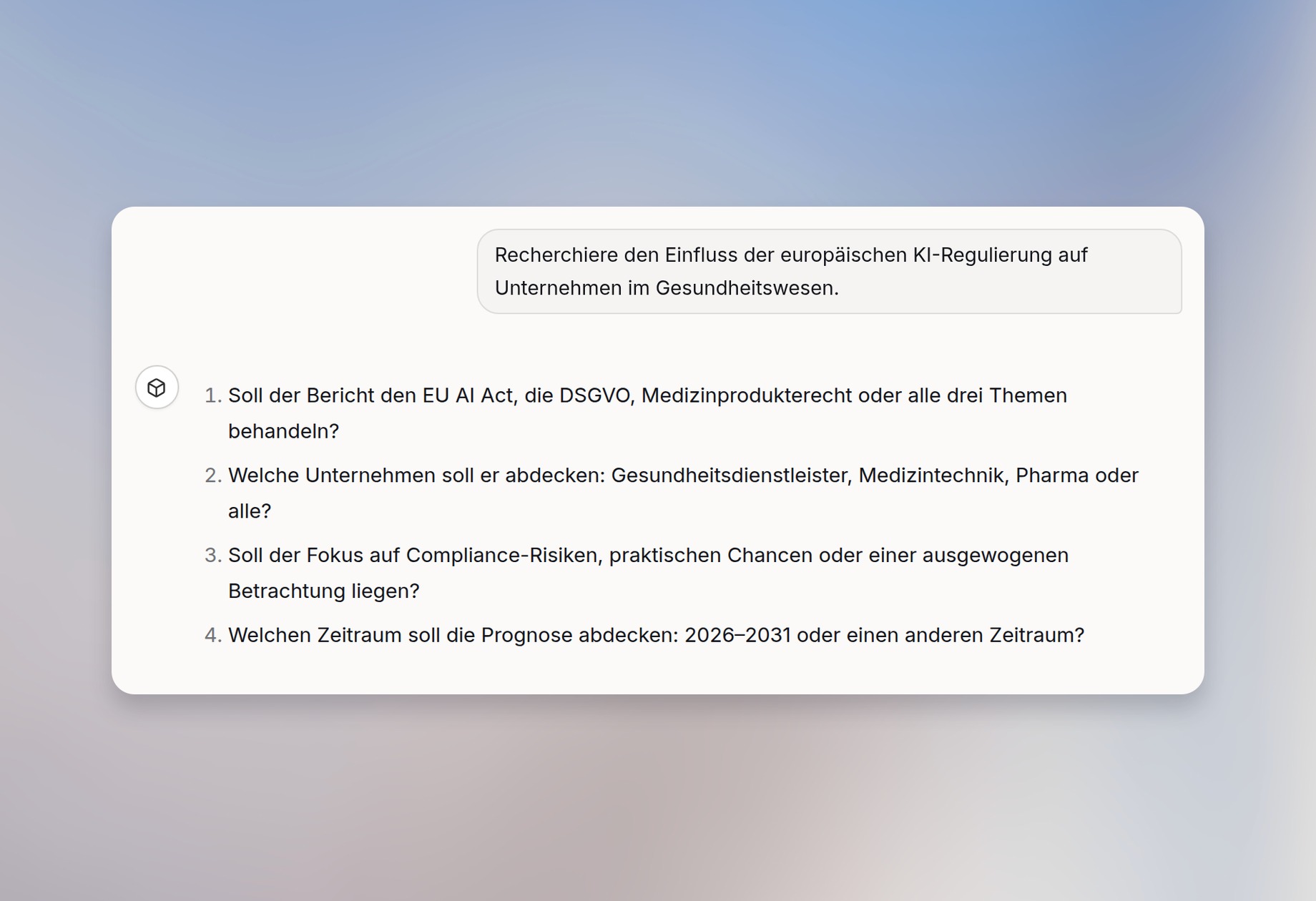 Deep Research stellt Folgefragen im Chat
