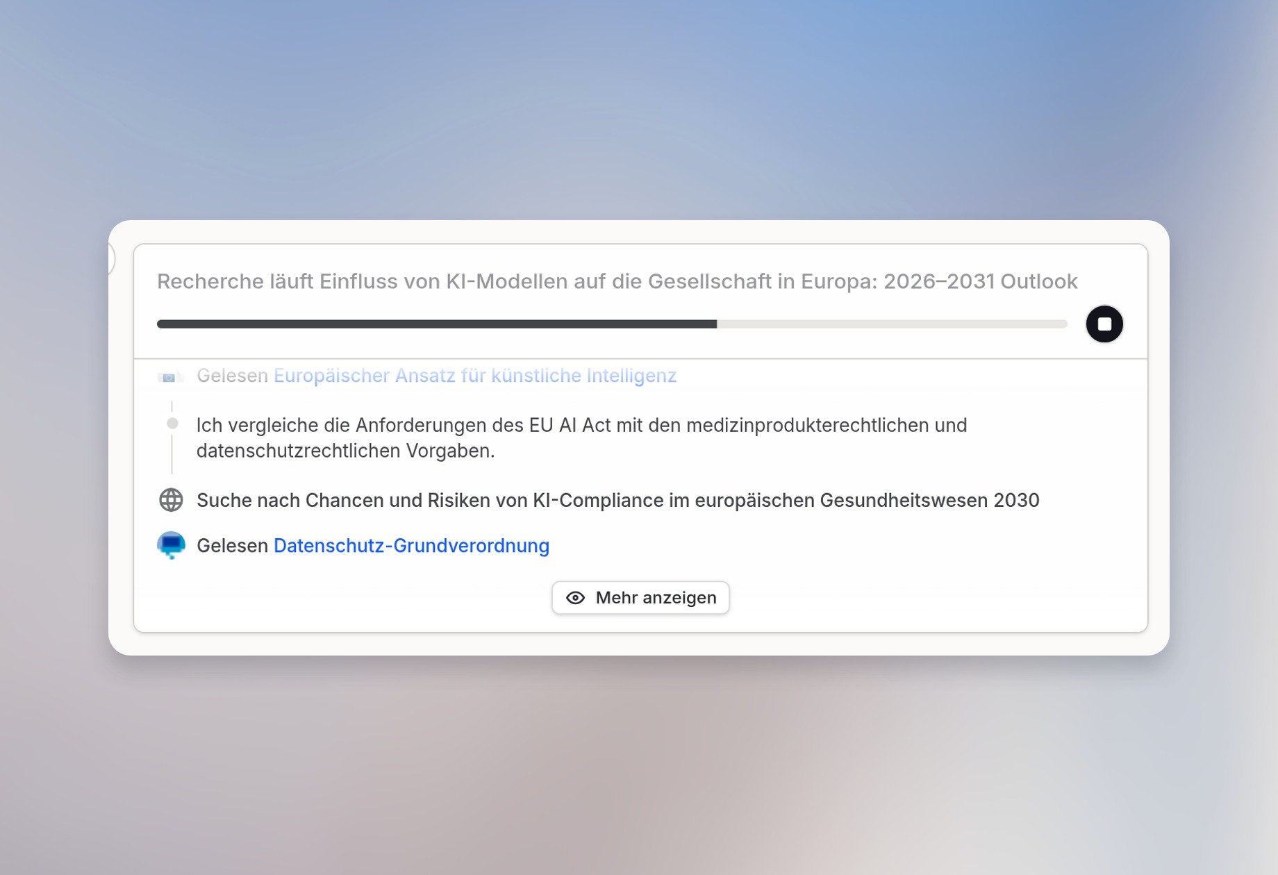 Deep Research-Karte mit aktuellen Suchen und Quellen