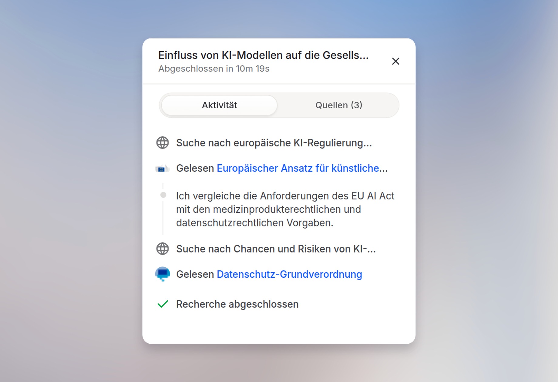 Aktivitätsbereich von Deep Research mit gelesenen Seiten und Suchen