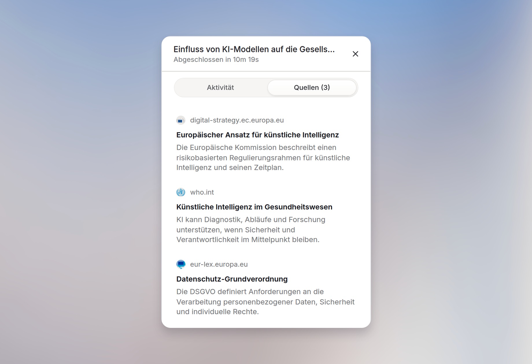 Quellenbereich von Deep Research mit den Quellen des Berichts