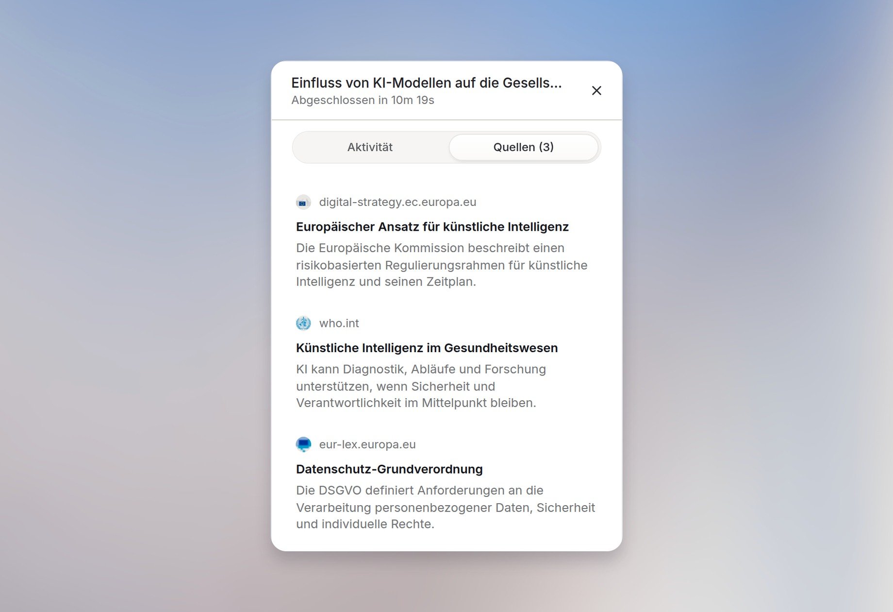 Deep-Research-Quellen Quellenbereich von Deep Research mit den Quellen des Berichts