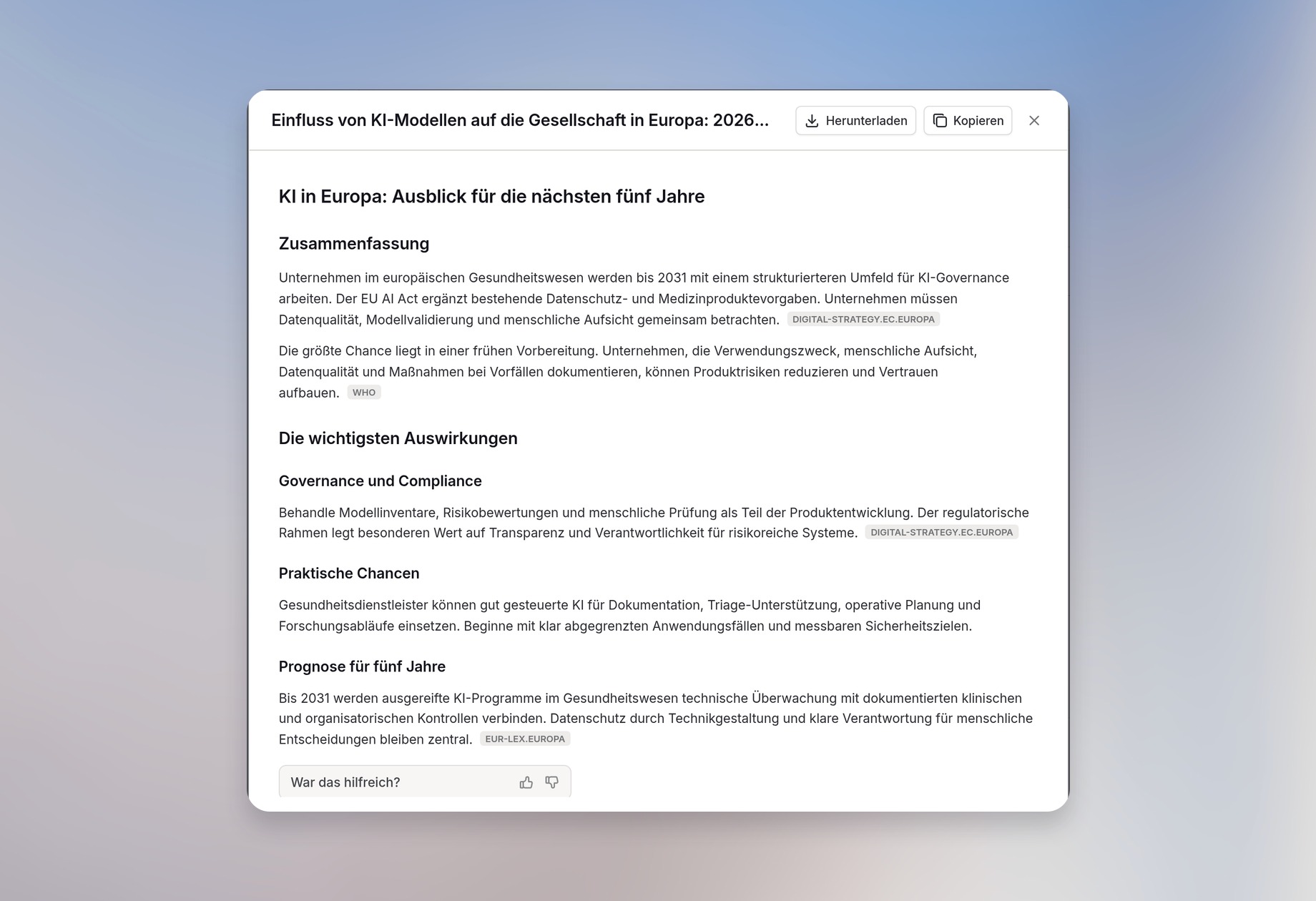 Erweiterter Deep-Research-Bericht mit Herunterladen- und Kopieren-Buttons
