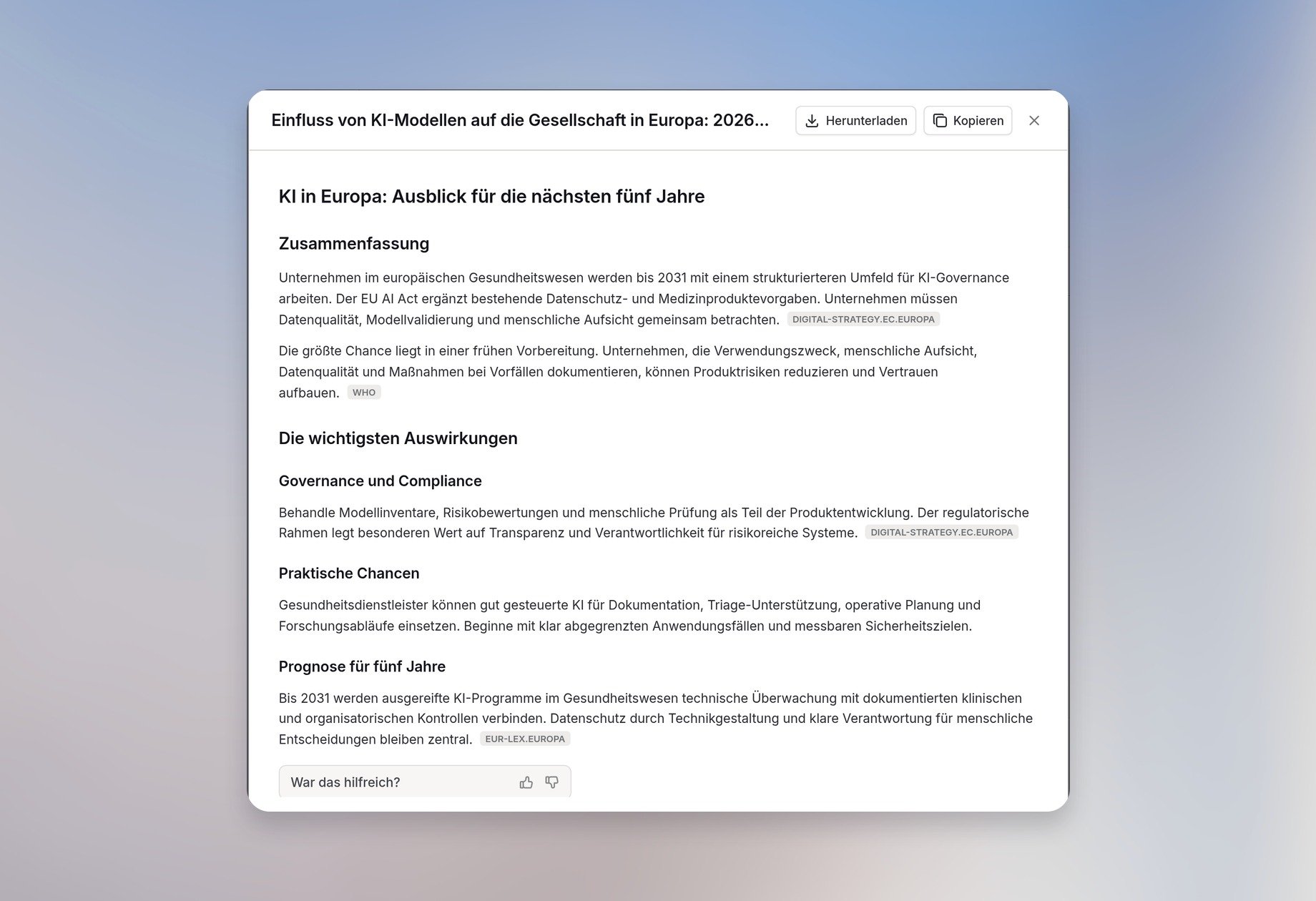 Erweiterter Deep-Research-Bericht mit Herunterladen- und Kopieren-Buttons
