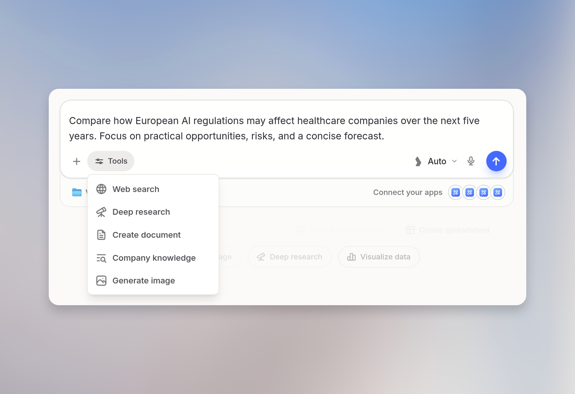 Tools menu open with Deep research available