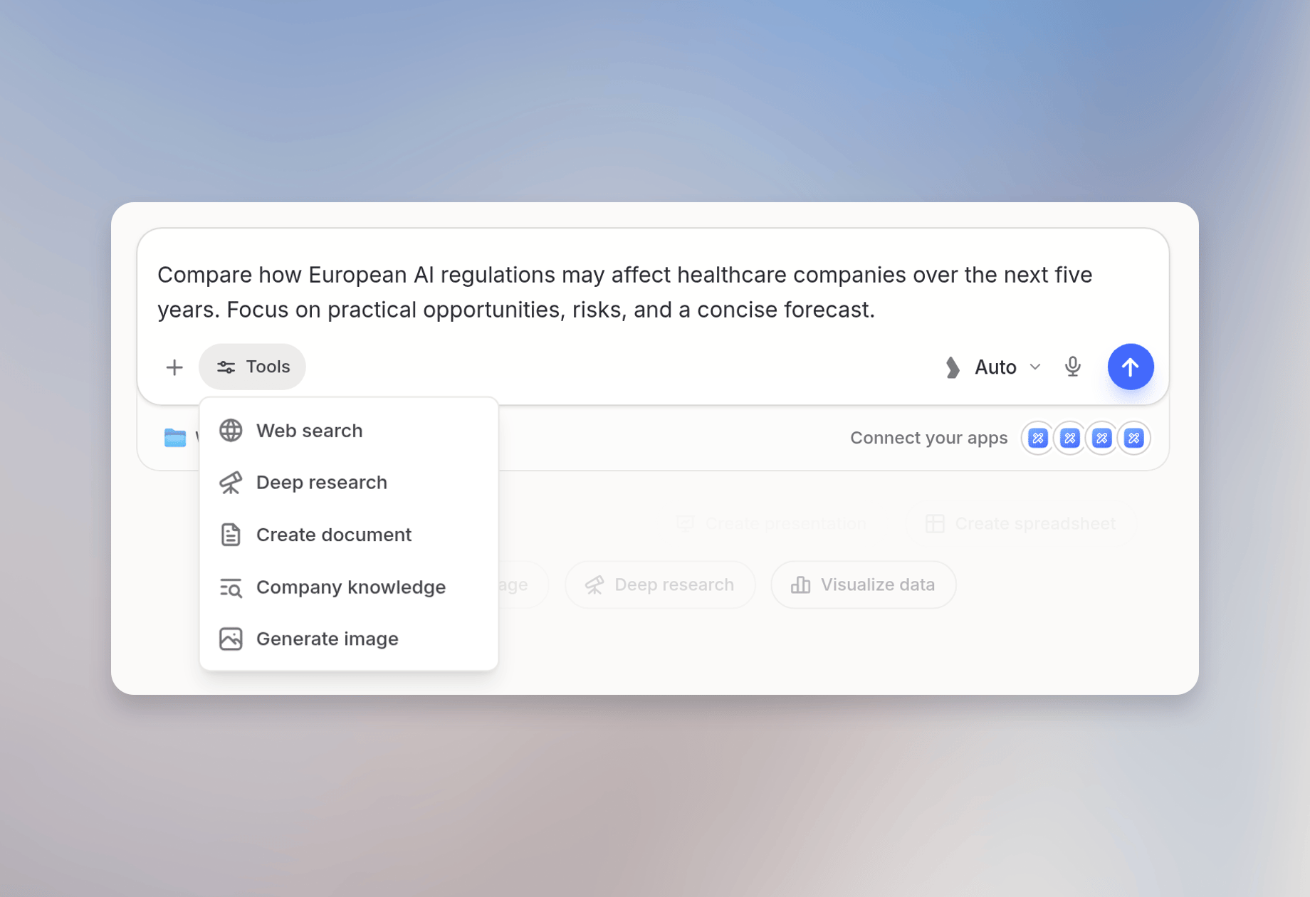 Tools menu open with Deep research available