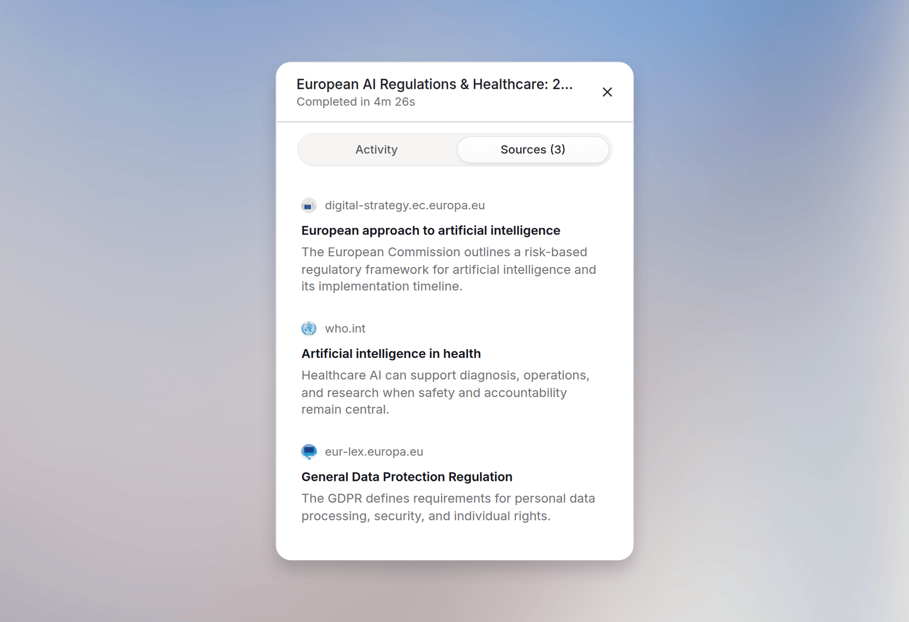 Deep Research sources panel listing report sources