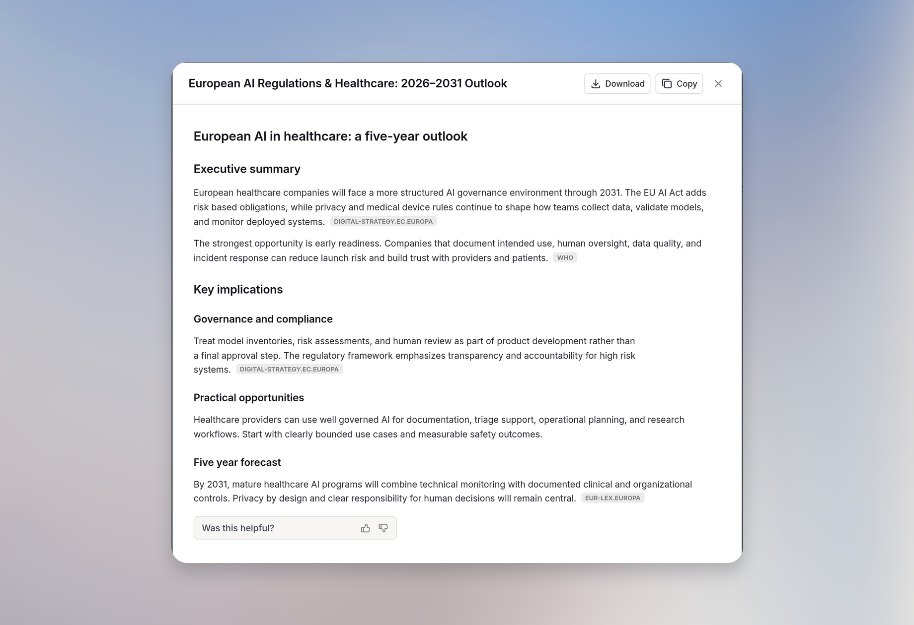 Expanded Deep Research report with Download and Copy controls