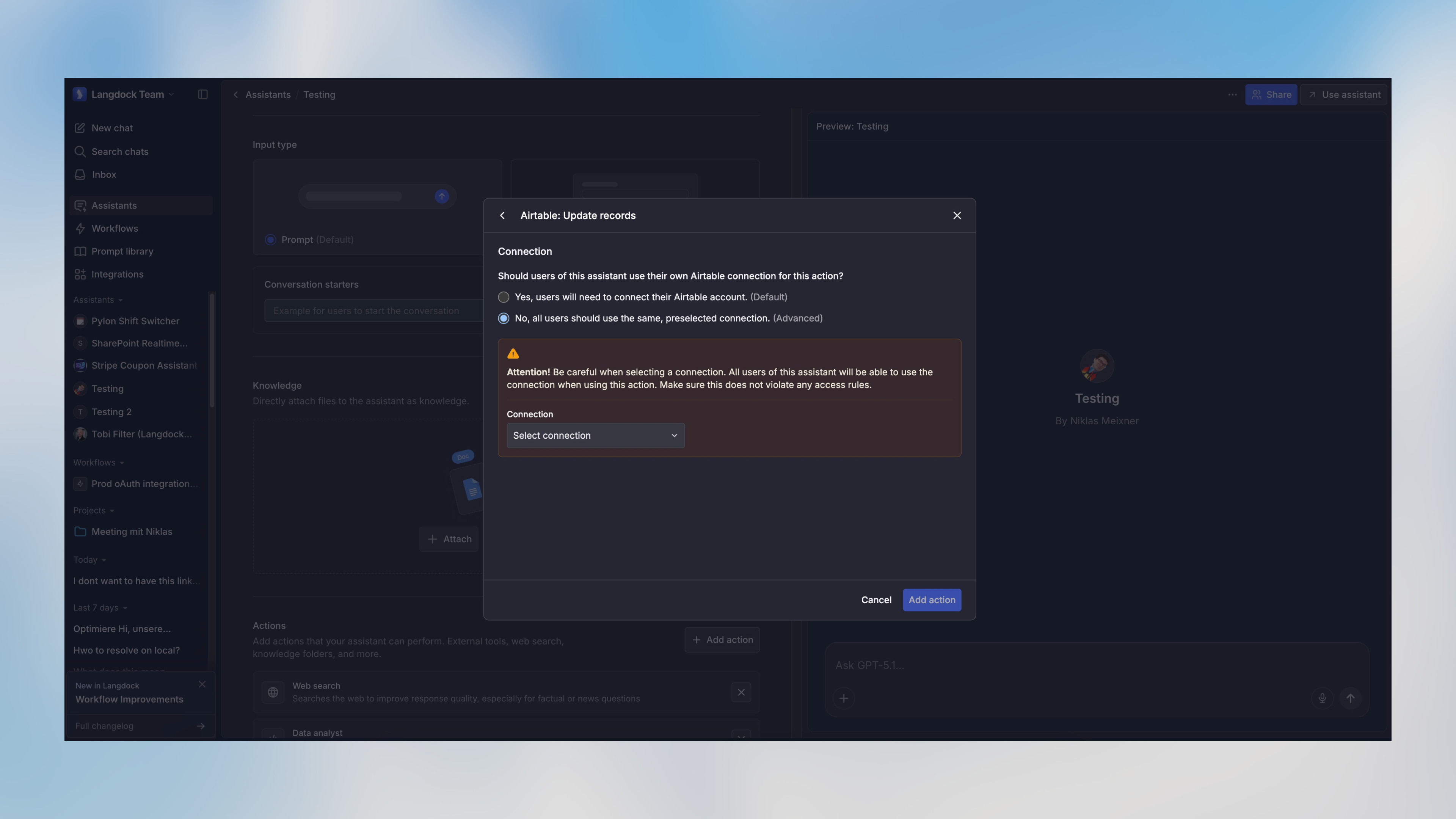 Preselected connection setting in assistant configuration