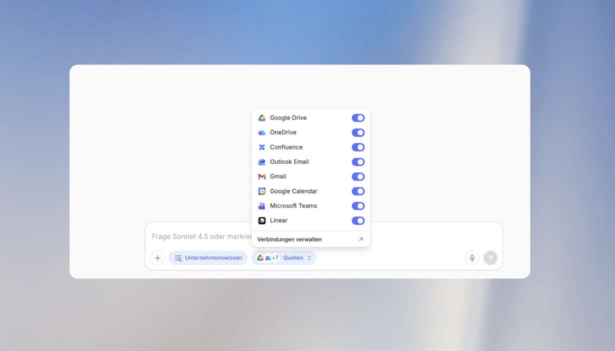 Integrationsauswahl mit verfügbaren Quellen