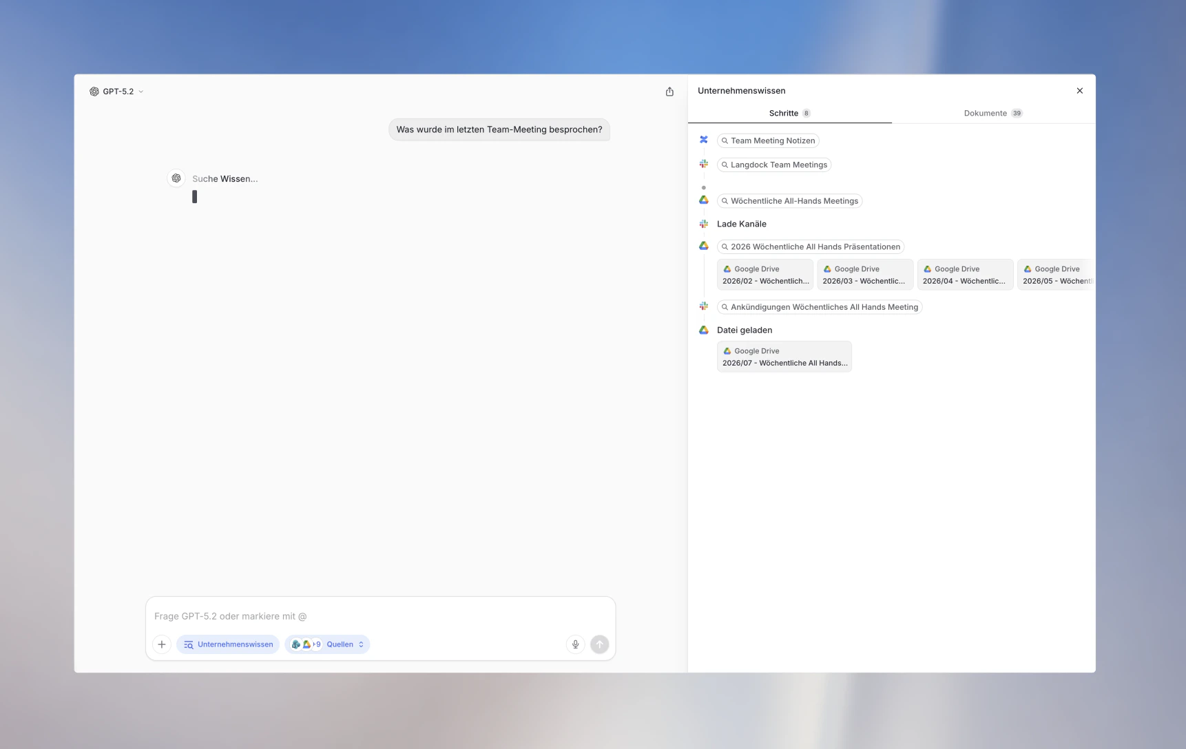 Timeline-Panel zeigt den Suchfortschritt über mehrere Integrationen
