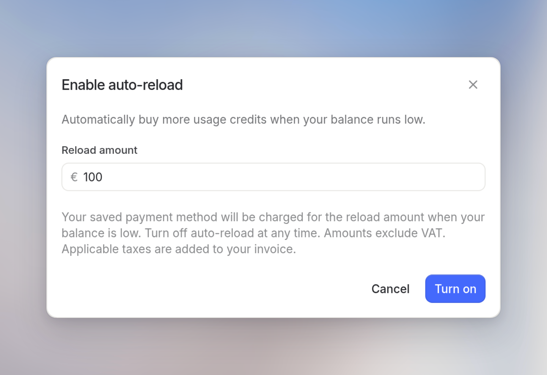Enable auto-reload dialog with a reload amount field and Turn on