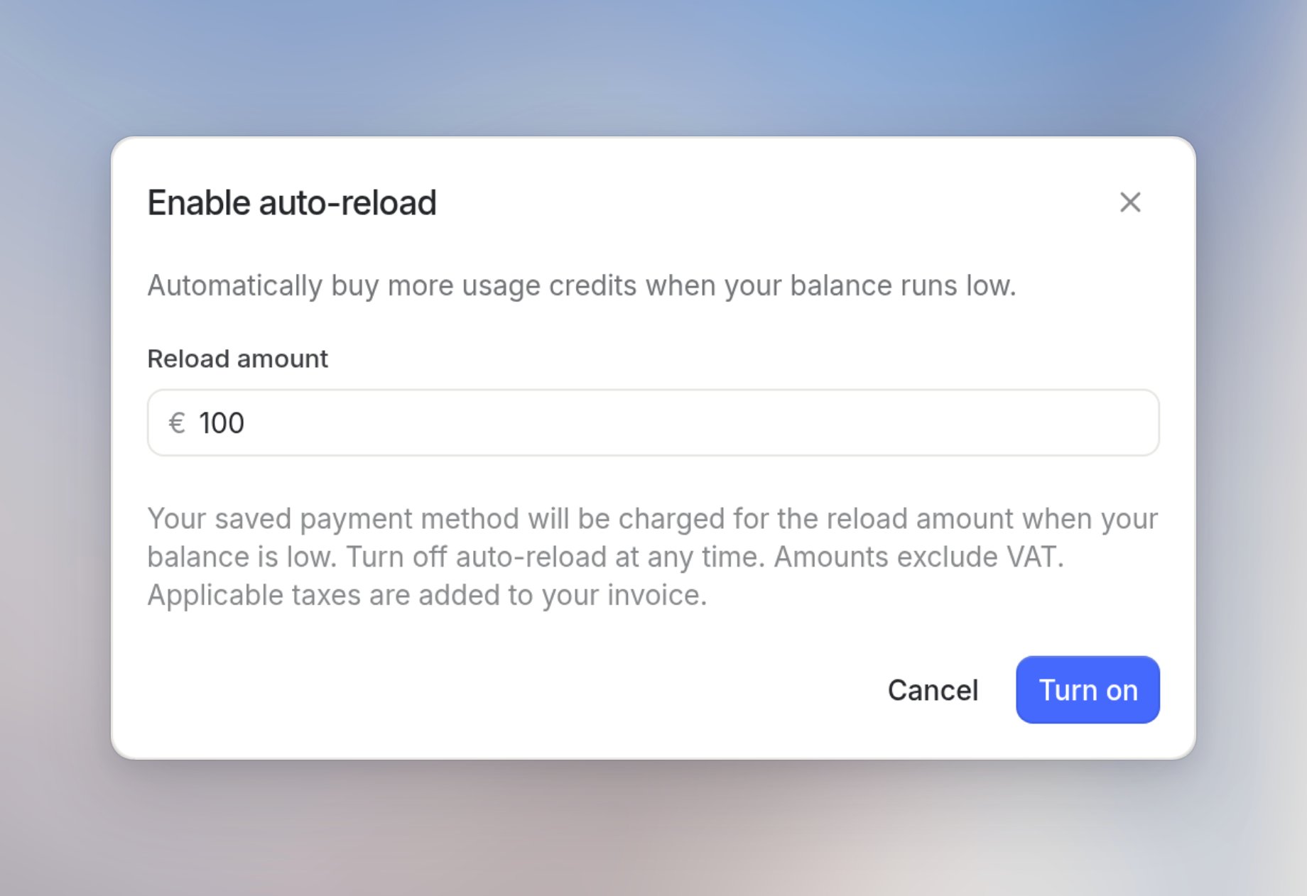 Enable auto-reload dialog with a reload amount field and Turn on