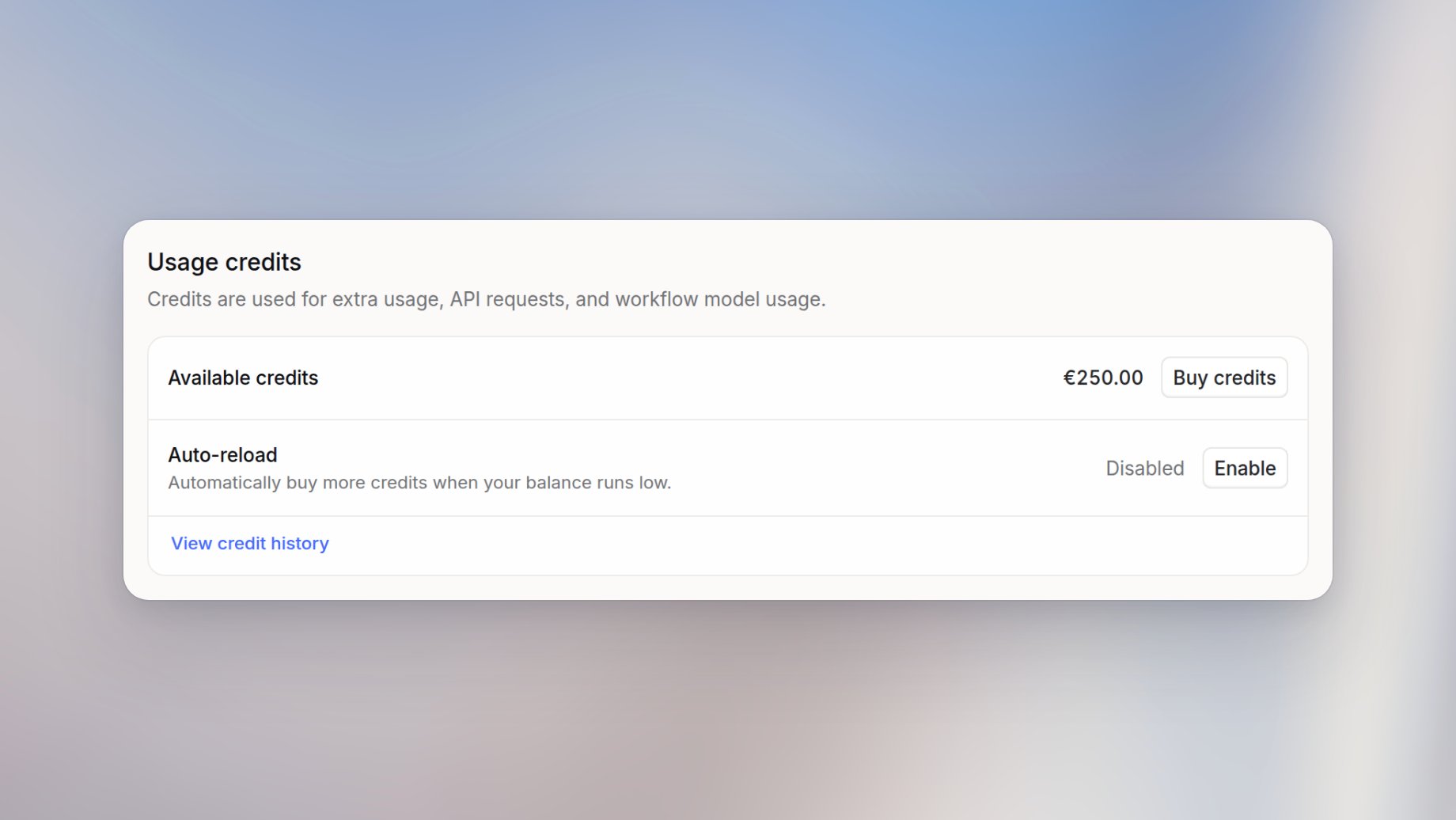 Usage credits section on workspace usage settings, showing available credits, Buy credits, and Auto-reload turned off