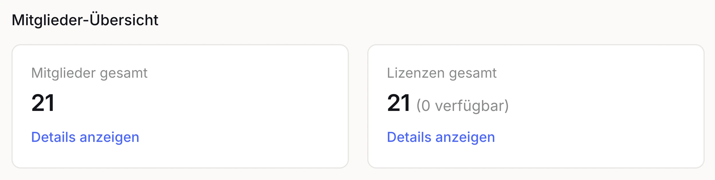 Mitglieder-Übersicht mit Gesamtanzahl Mitglieder und Gesamtanzahl Lizenzen