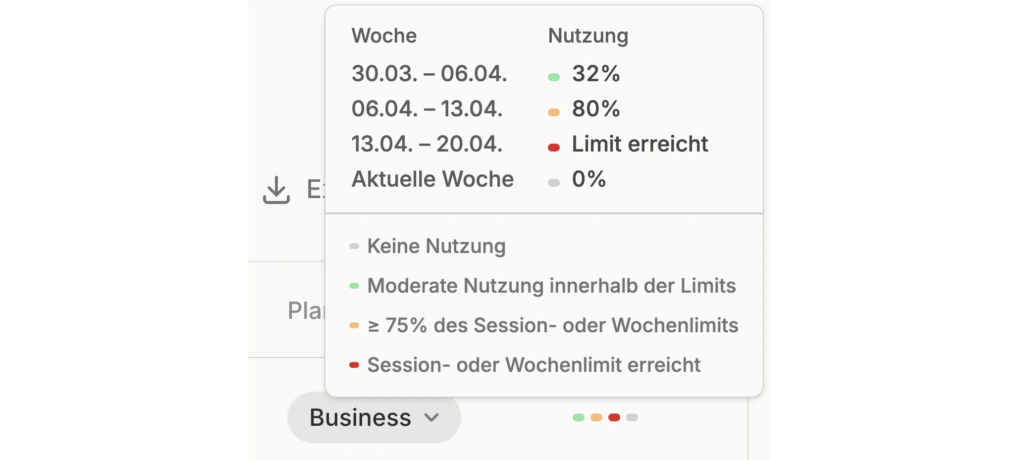 Mitgliederseite mit wöchentlichen Nutzungsindikatoren neben einem Nutzer sowie Tooltip beim Hovern und Farblegende