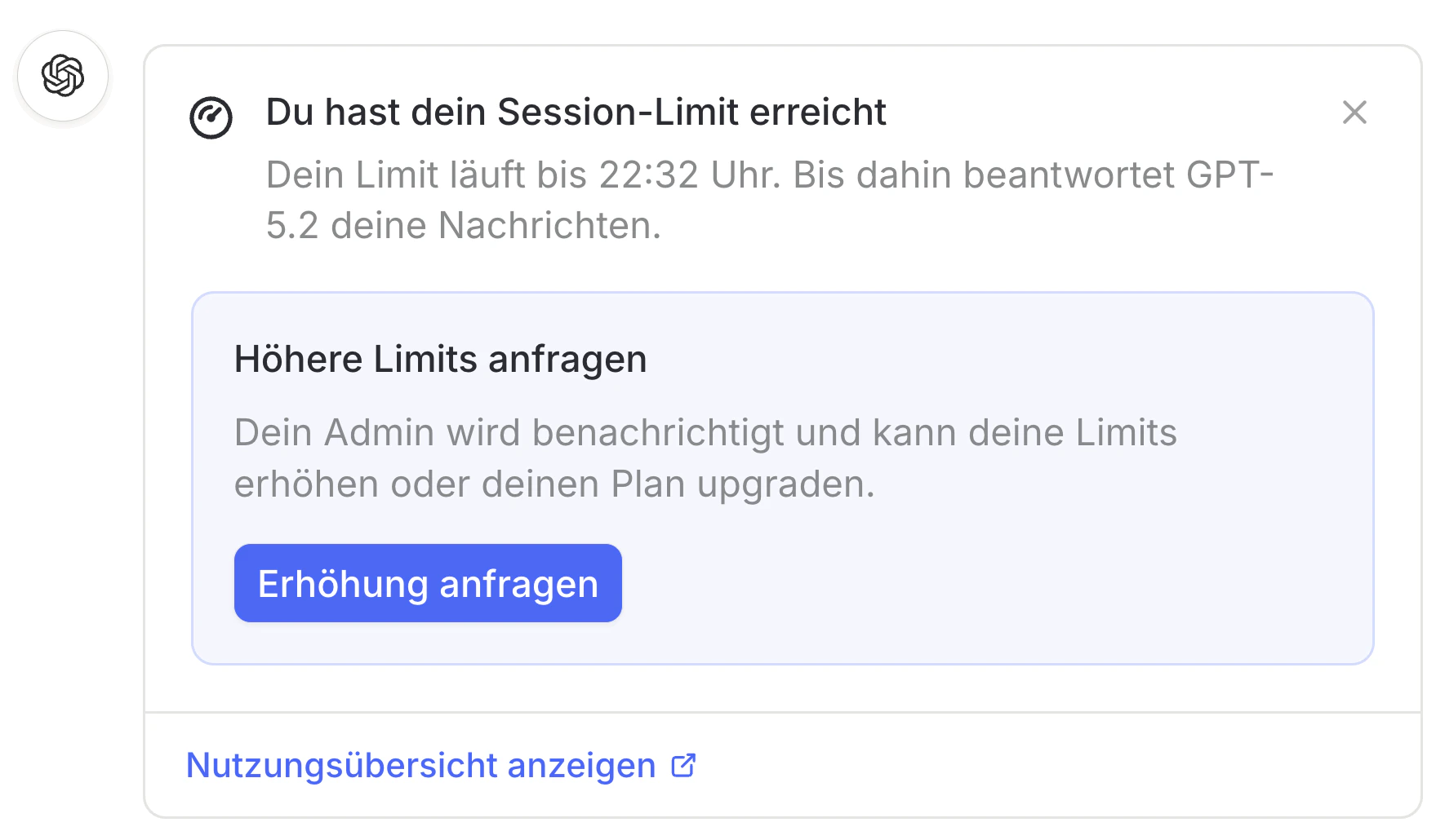Hinweis im Chat bei erreichtem Limit mit Button zum Anfragen höherer Limits, der den Admin benachrichtigt