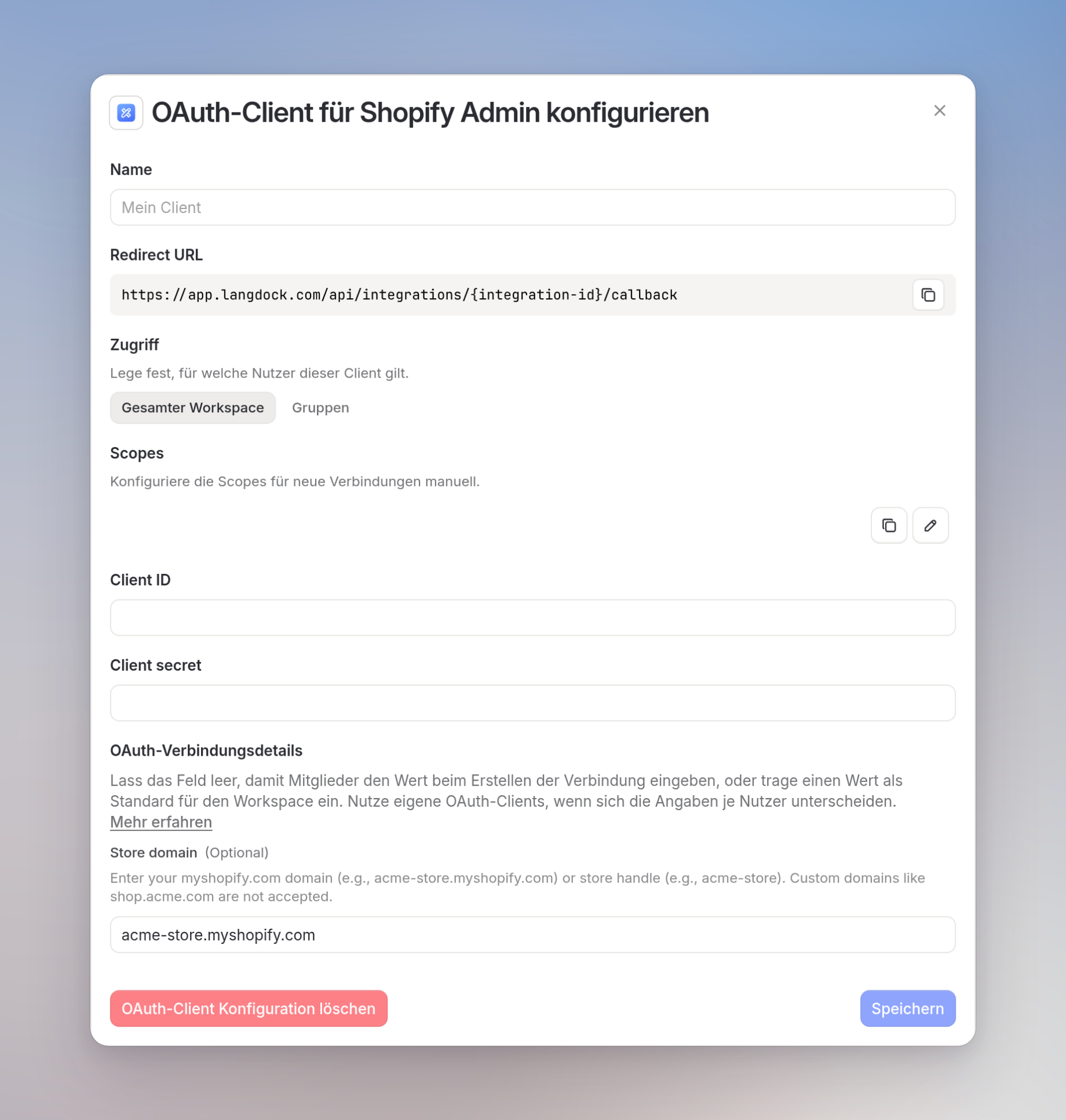 Dialog für den eigenen Shopify-Admin-OAuth-Client mit Store-Domain-Standard acme-store.myshopify.com