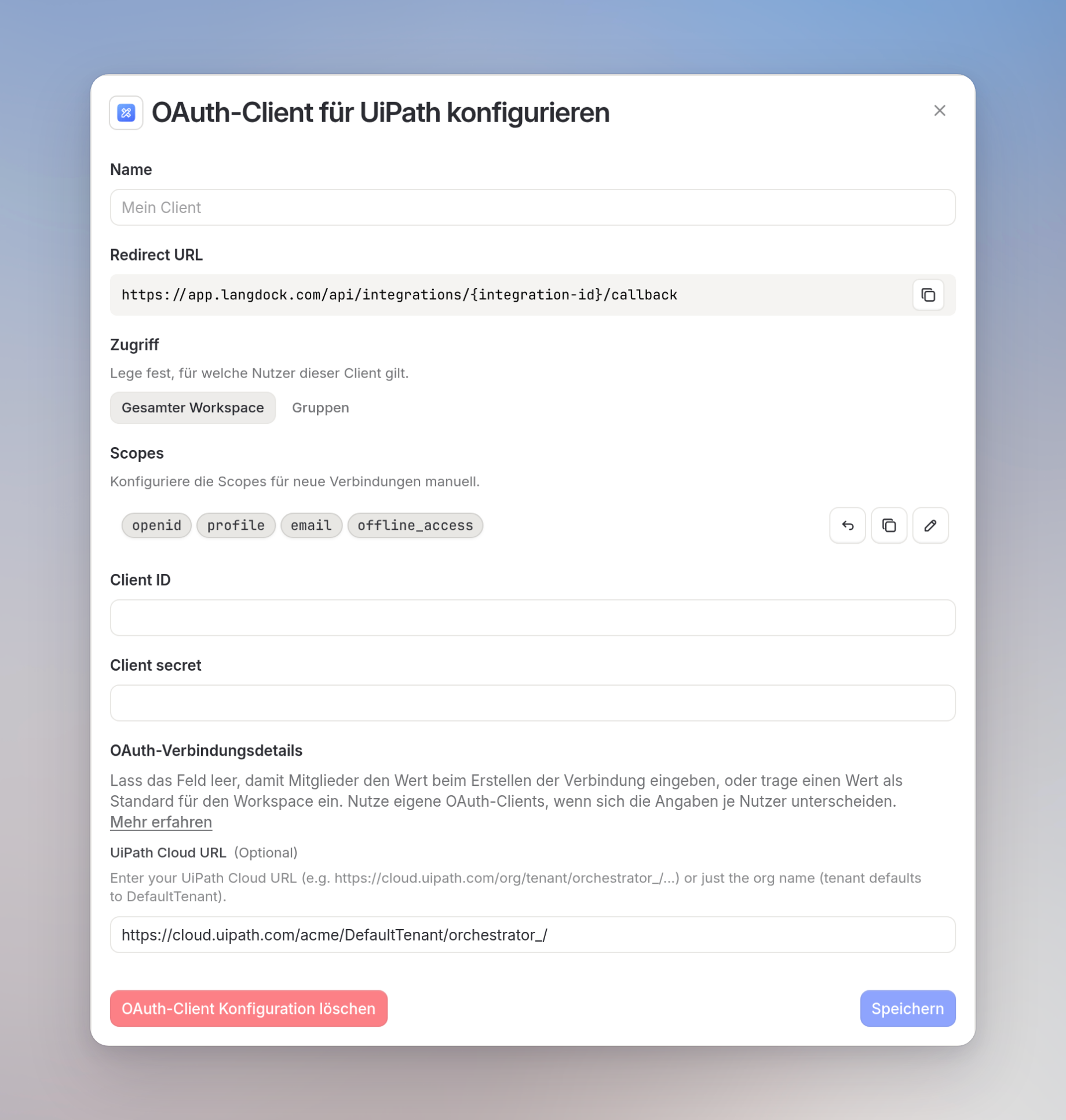 Dialog für den eigenen UiPath-OAuth-Client mit Cloud-URL-Standard https://cloud.uipath.com/acme/DefaultTenant/orchestrator_/