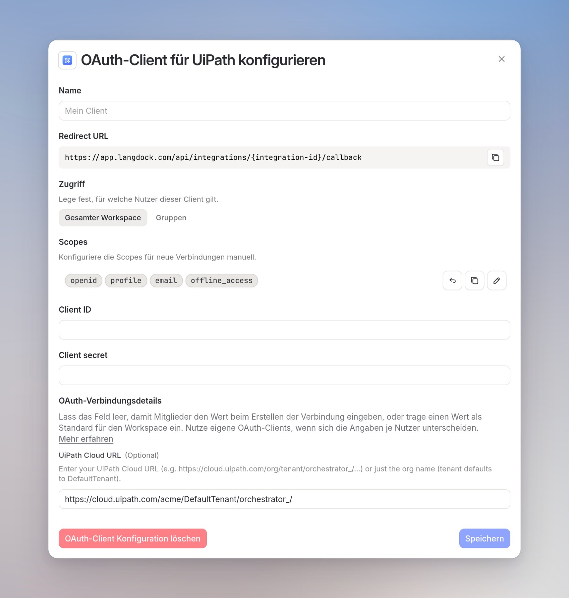 Dialog für den eigenen UiPath-OAuth-Client mit Cloud-URL-Standard https://cloud.uipath.com/acme/DefaultTenant/orchestrator_/