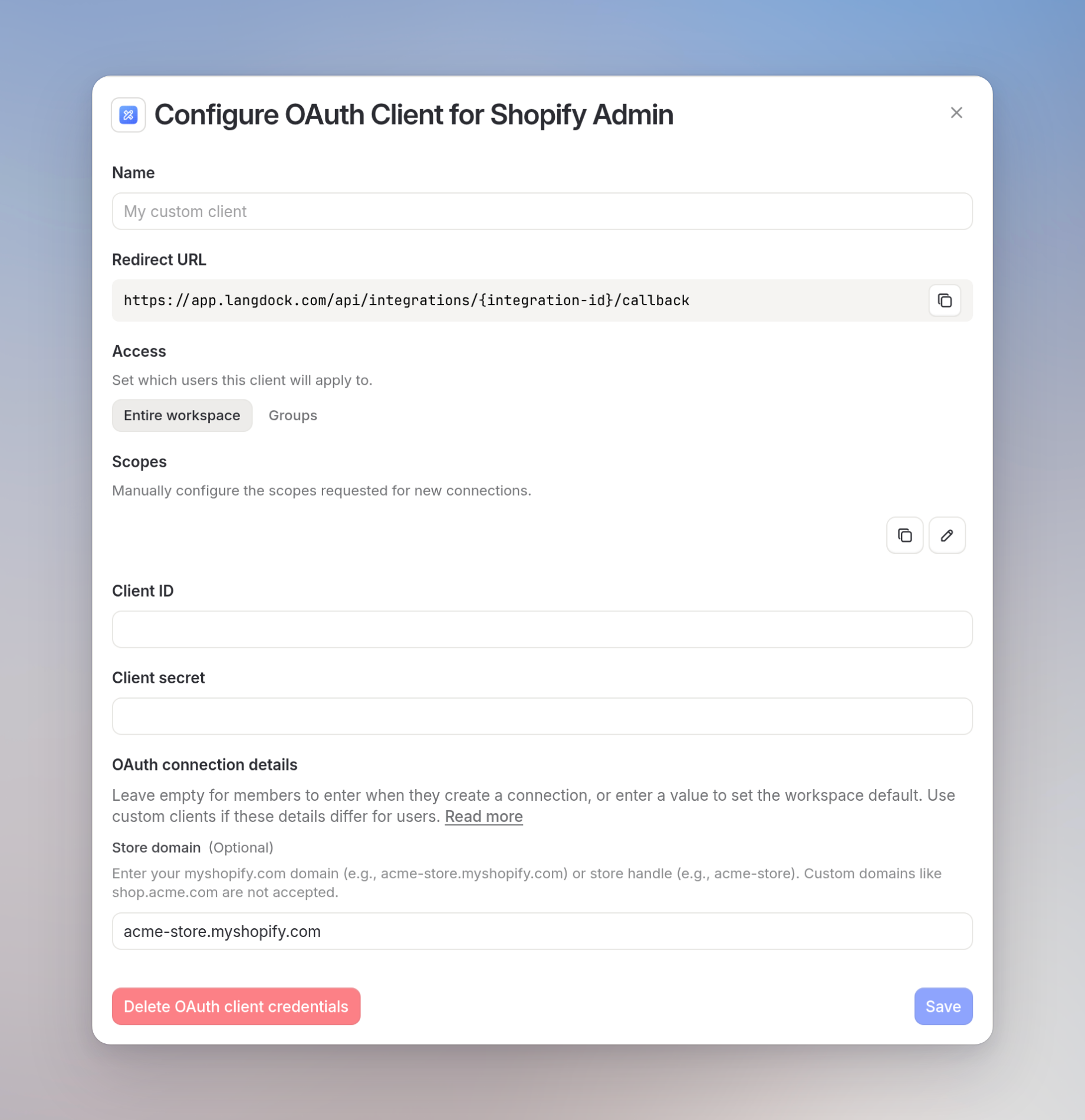 Shopify Admin custom OAuth client dialog with store domain default acme-store.myshopify.com