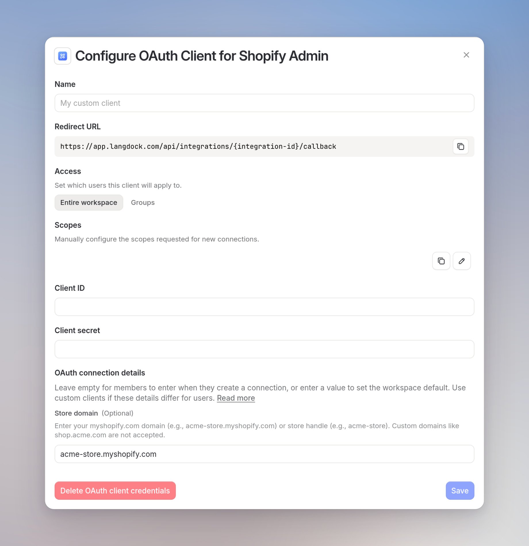 Shopify Admin custom OAuth client dialog with store domain default acme-store.myshopify.com