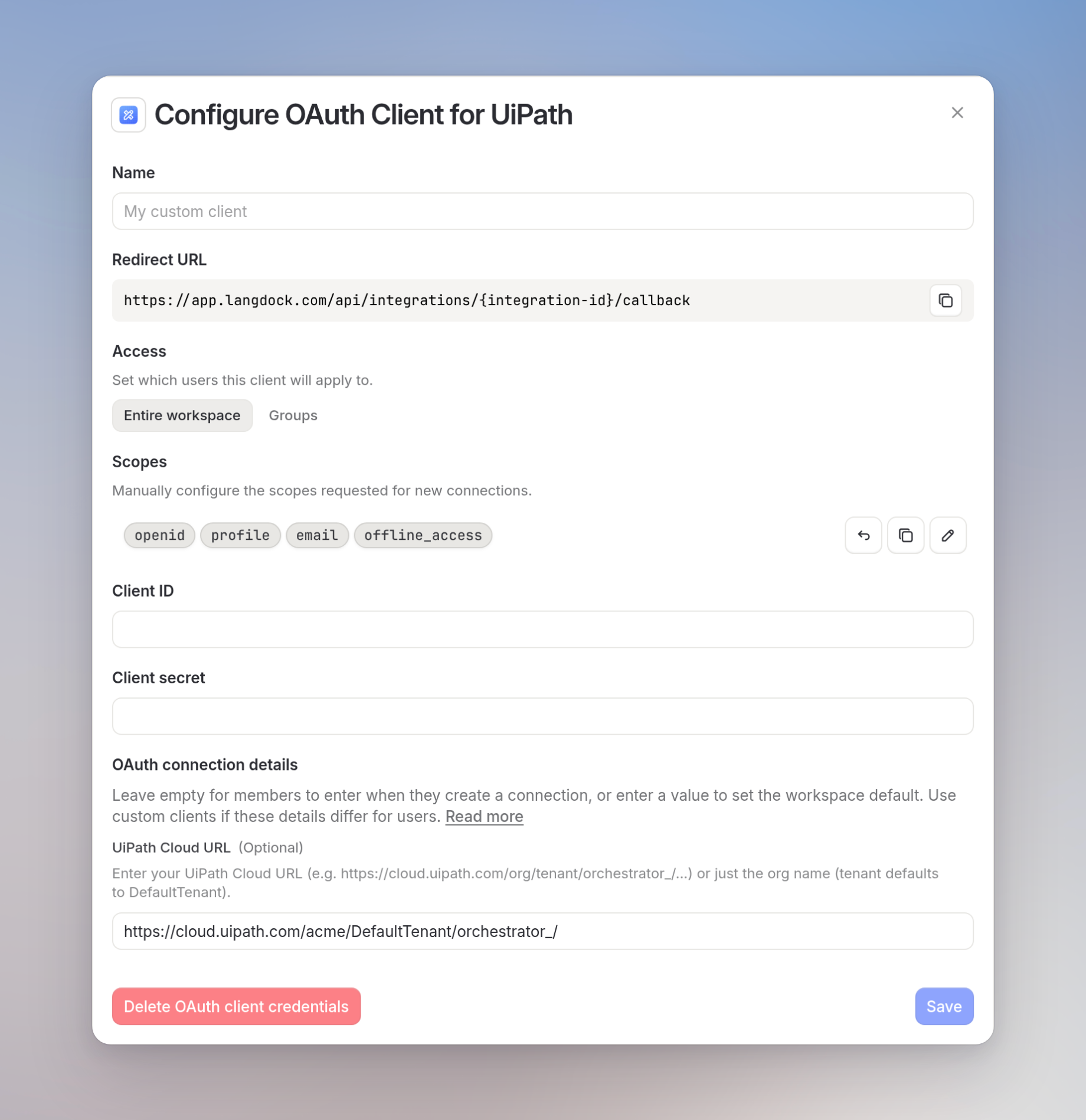 UiPath custom OAuth client dialog with Cloud URL default https://cloud.uipath.com/acme/DefaultTenant/orchestrator_/