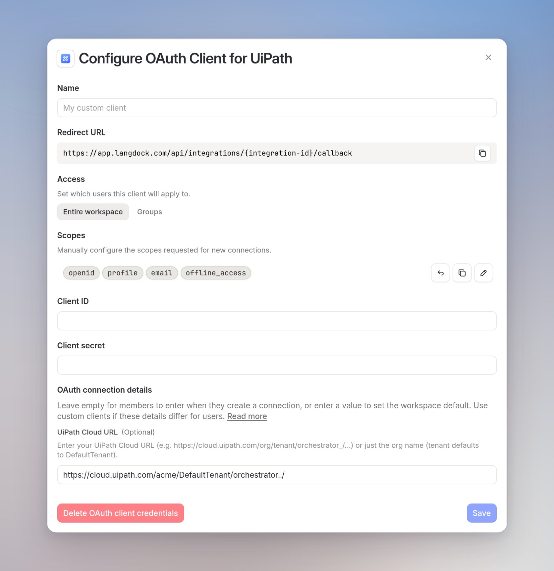 UiPath custom OAuth client dialog with Cloud URL default https://cloud.uipath.com/acme/DefaultTenant/orchestrator_/